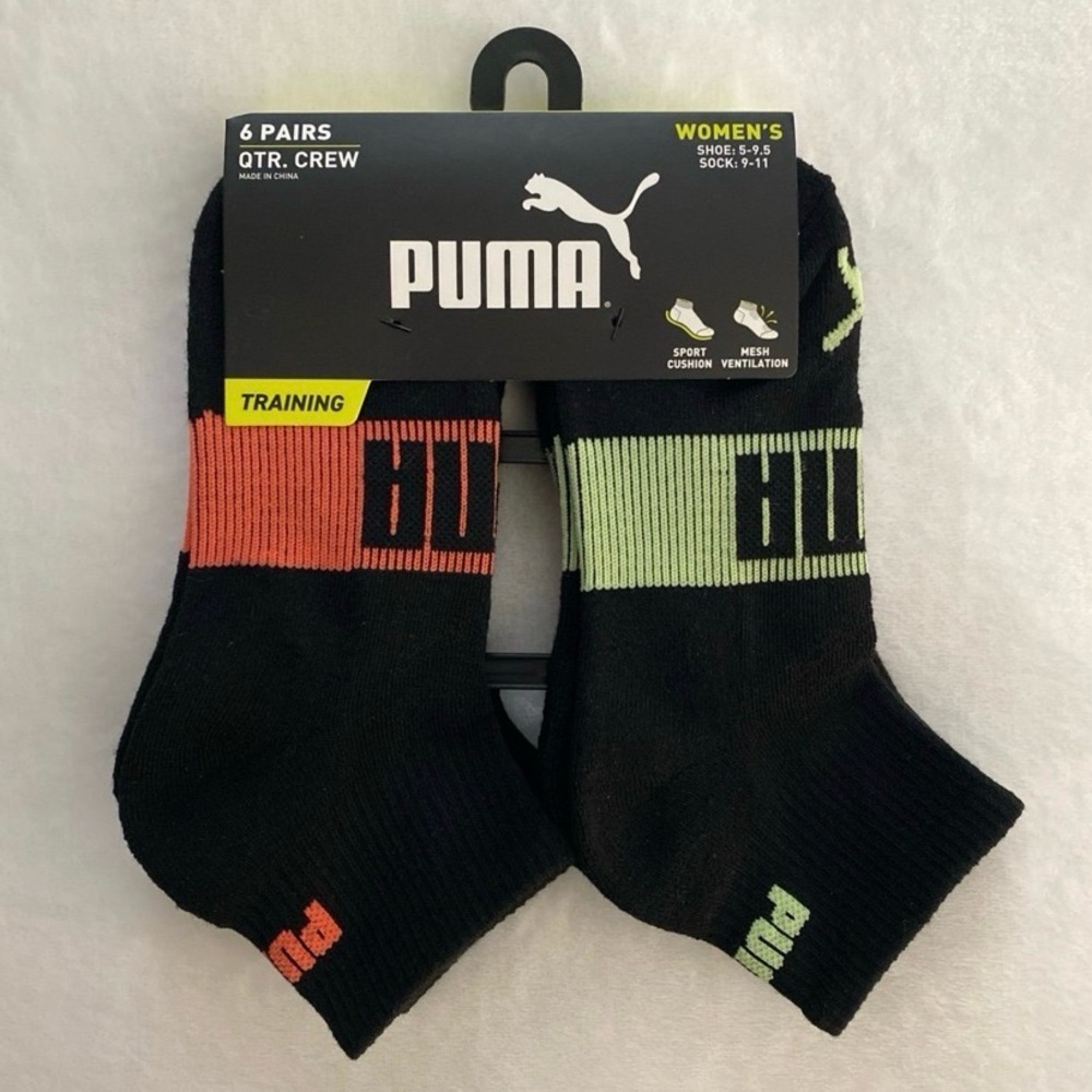 NWT 6 pairs PUMA Black Arch Support Quarter Crew Women’s Cushion Sport Socks